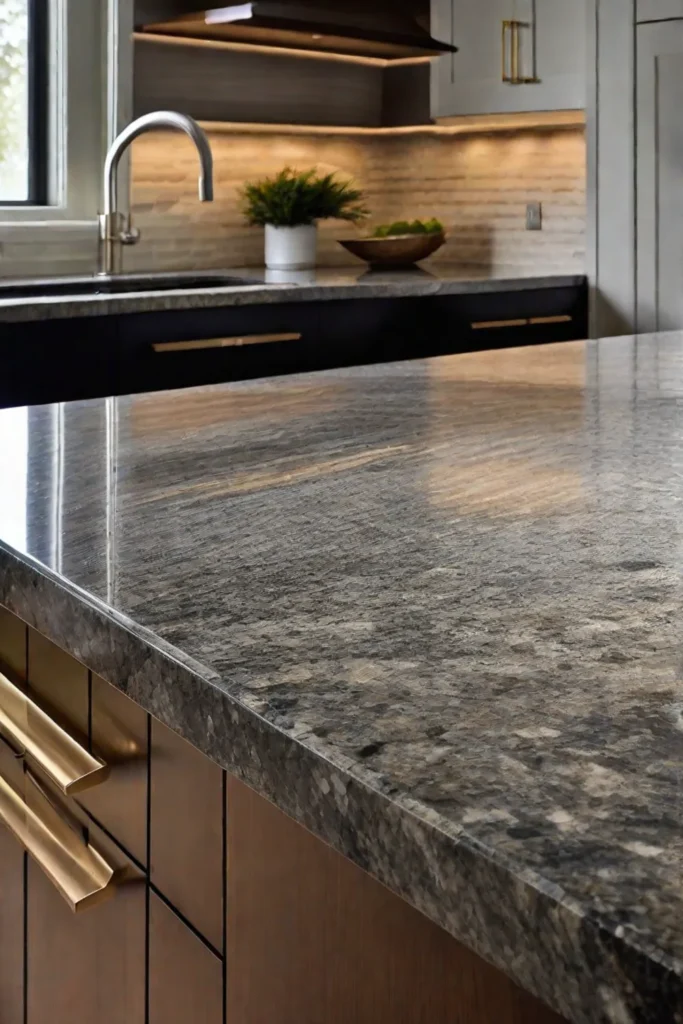 A closeup of a kitchen counter made from polished granite highlighting the