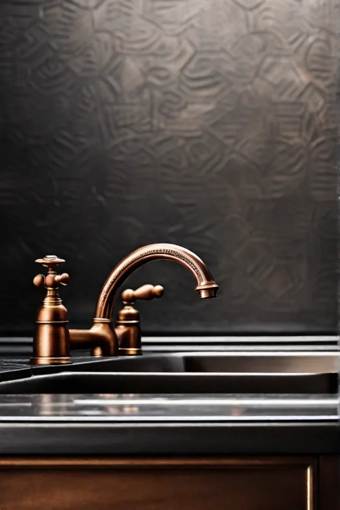 A closeup of an aged copper kitchen faucet and sink highlighting the