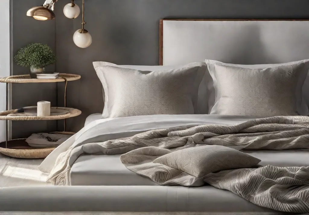 A closeup of soft white linen sheets with subtle texture gently illuminatedfeat