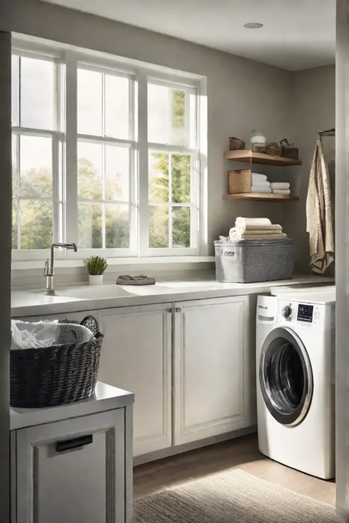 A clutterfree laundry room counter with clear labeled containers for powdered detergent_resized