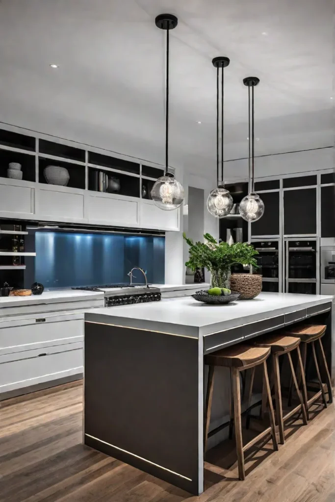 A coastal kitchen featuring a combination of pendant lights LED strip lights
