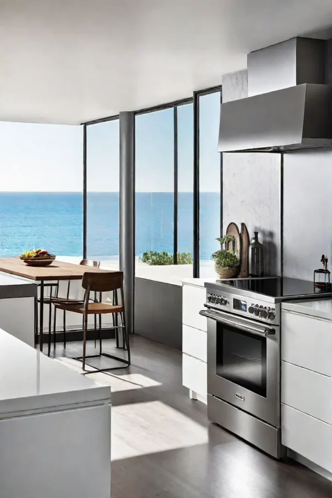 A coastal kitchen featuring a convection oven with a stainless steel finish