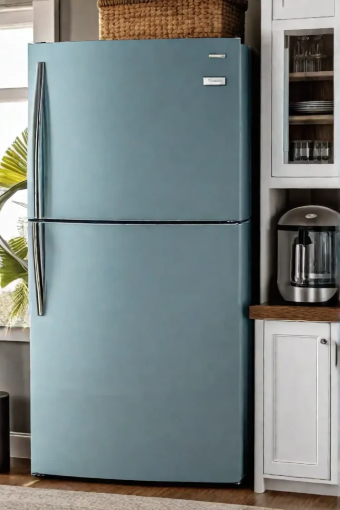 A coastal kitchen featuring a highcapacity refrigerator with a water dispenser blending