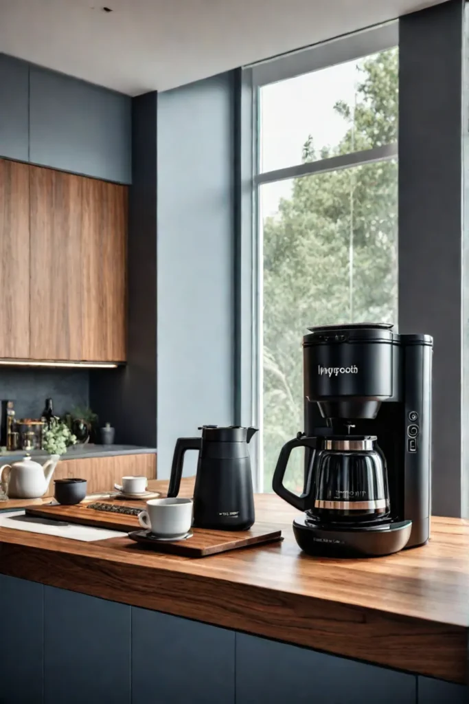 A coastal kitchen featuring a multifunction coffee maker on the countertop blending