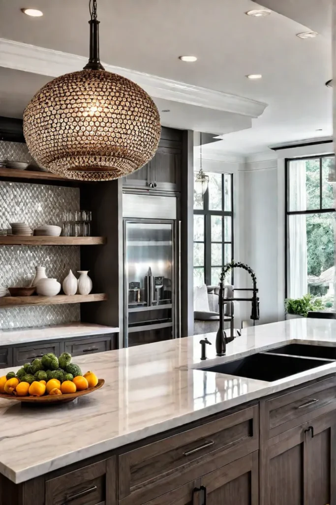 A coastal kitchen featuring natural wood open shelving a shimmering glass tile