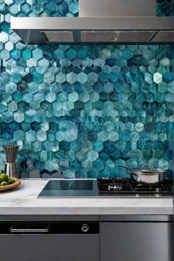 A coastal kitchen with a backsplash made of recycled glass tiles in