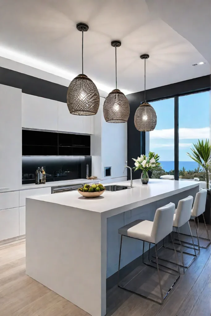 A coastal kitchen with a combination of natural light recessed lighting and