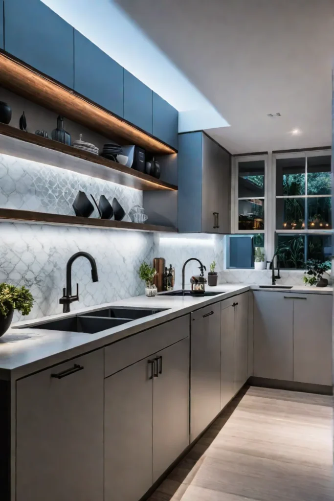 A coastal kitchen with a combination of pendant lights and undercabinet lighting