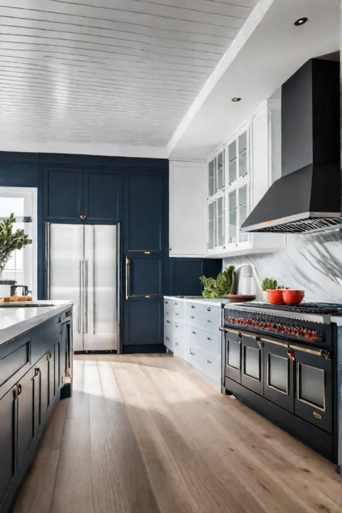 A coastal kitchen with a convection oven taking center stage surrounded by