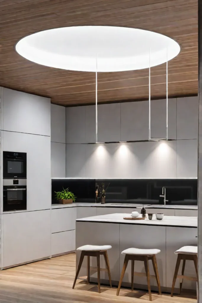 A coastal kitchen with a layered lighting design featuring recessed lighting LED