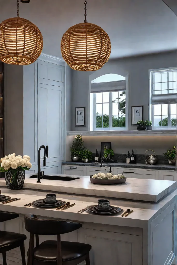A coastal kitchen with a layered lighting design featuring statement chandeliers pendant