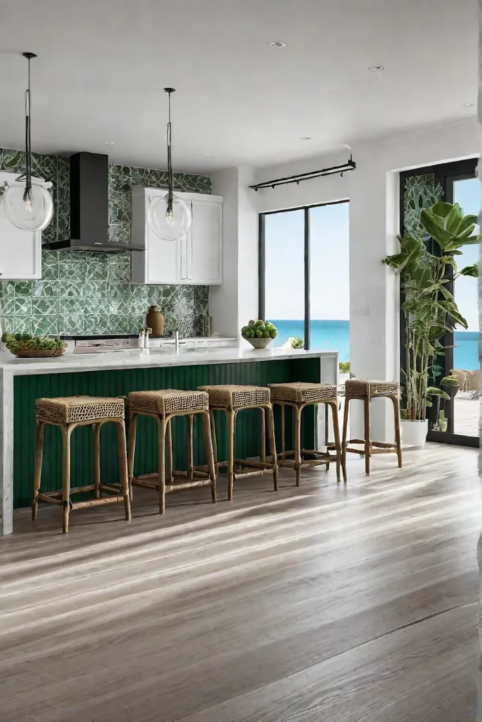 A coastal kitchen with a rustic driftwoodinspired island natural rattan barstools and