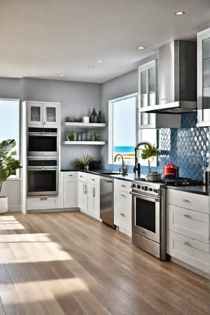 A coastal kitchen with a variety of highefficiency appliances such as a