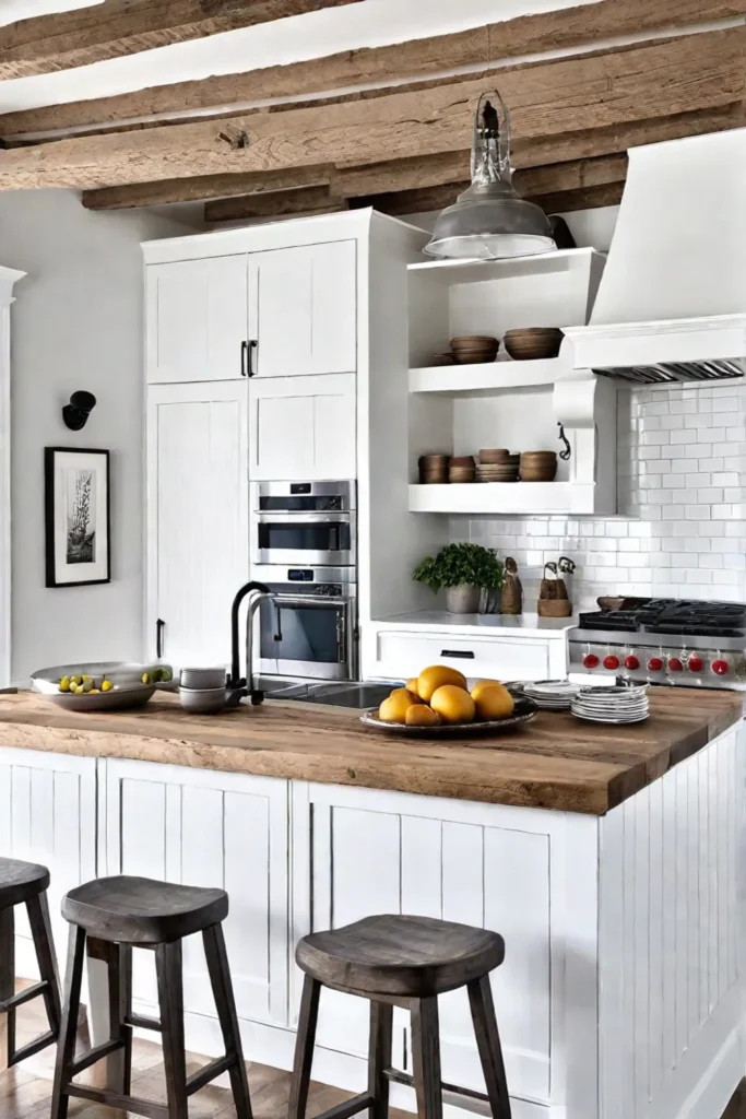 A coastal kitchen with bright white shiplap walls and natural wood beams