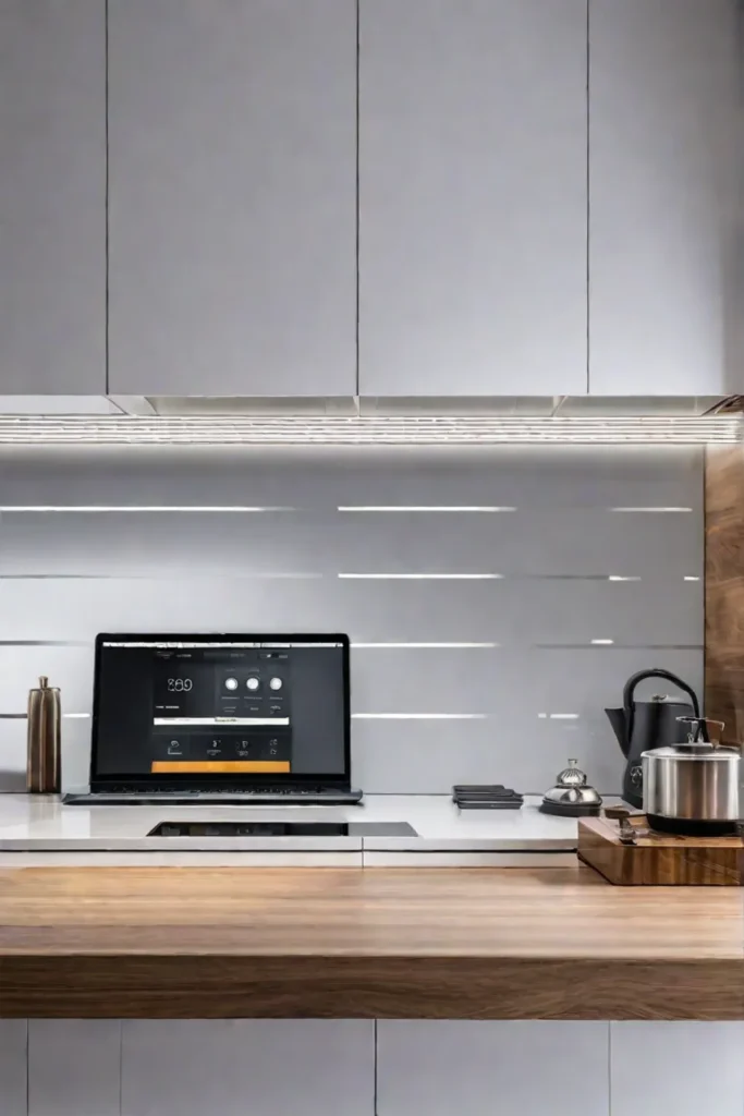 A coastal kitchen with energyefficient LED strip lights and a smart lighting