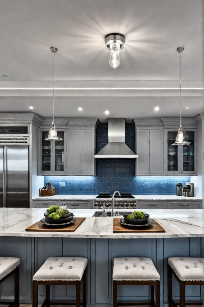 A coastal kitchen with recessed lighting and a smart lighting system creating