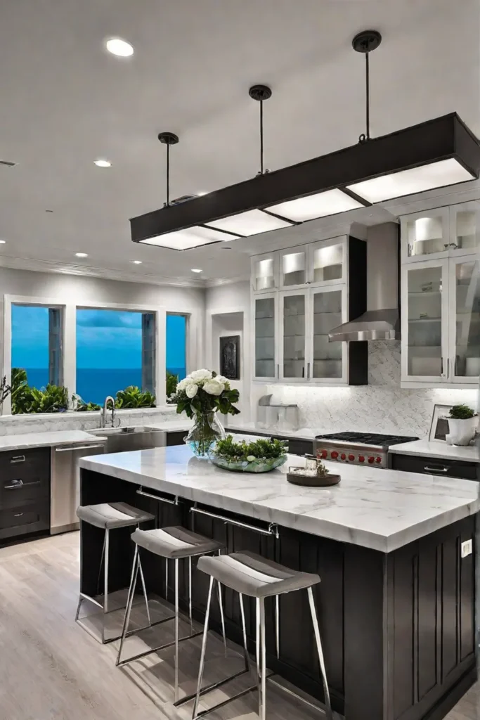 A coastal kitchen with recessed lighting and nauticalinspired fixtures creating an energyefficient