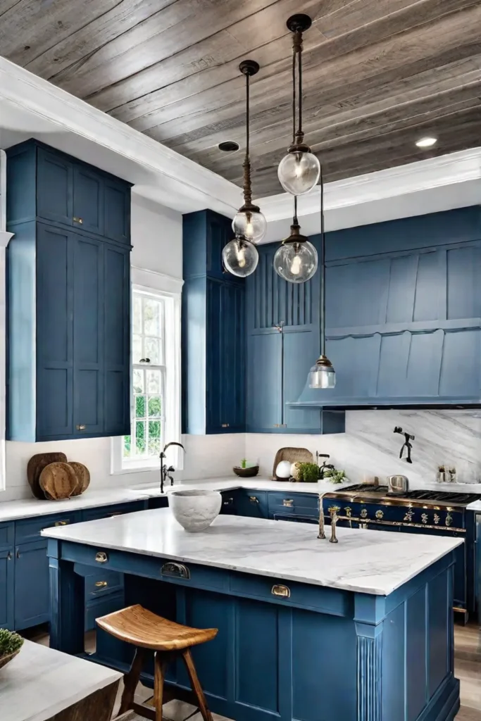 A coastal kitchen with soothing blue cabinetry and a driftwoodinspired island exuding