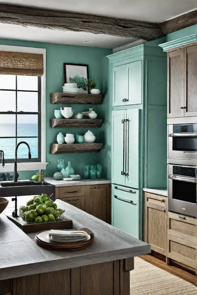 A coastal kitchen with soothing seafoam green walls and a driftwoodinspired island