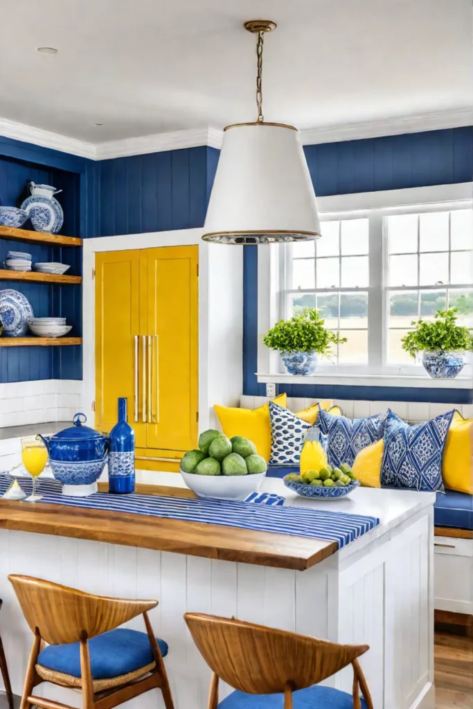 A coastal kitchen with sunbleached yellow accents a blue and white color