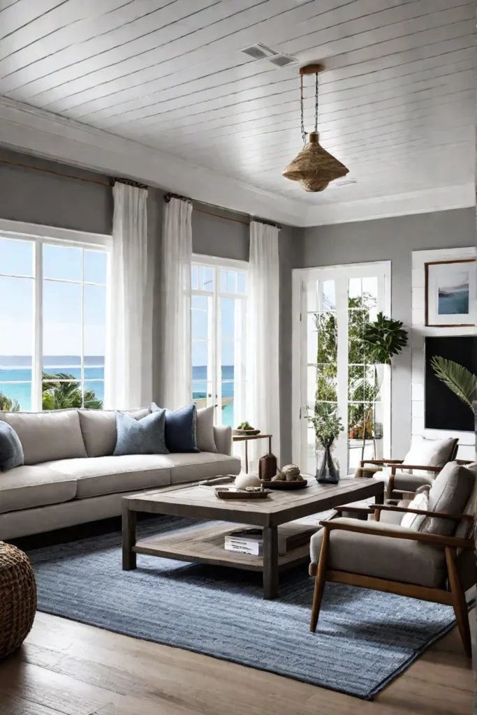 A coastal retreatinspired living room with natural textures such as a woven