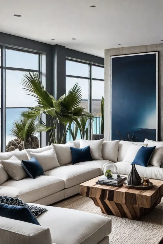 A coastalinspired living room with airy lightfilled spaces featuring white walls natural