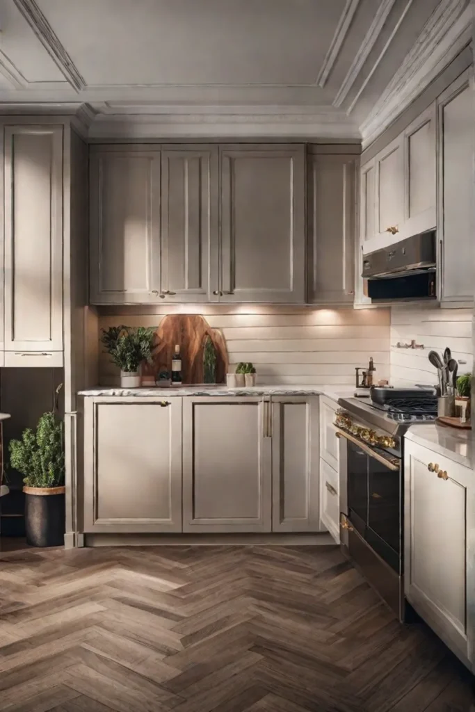 A compact kitchen showcasing a folddown table mounted on the wall set