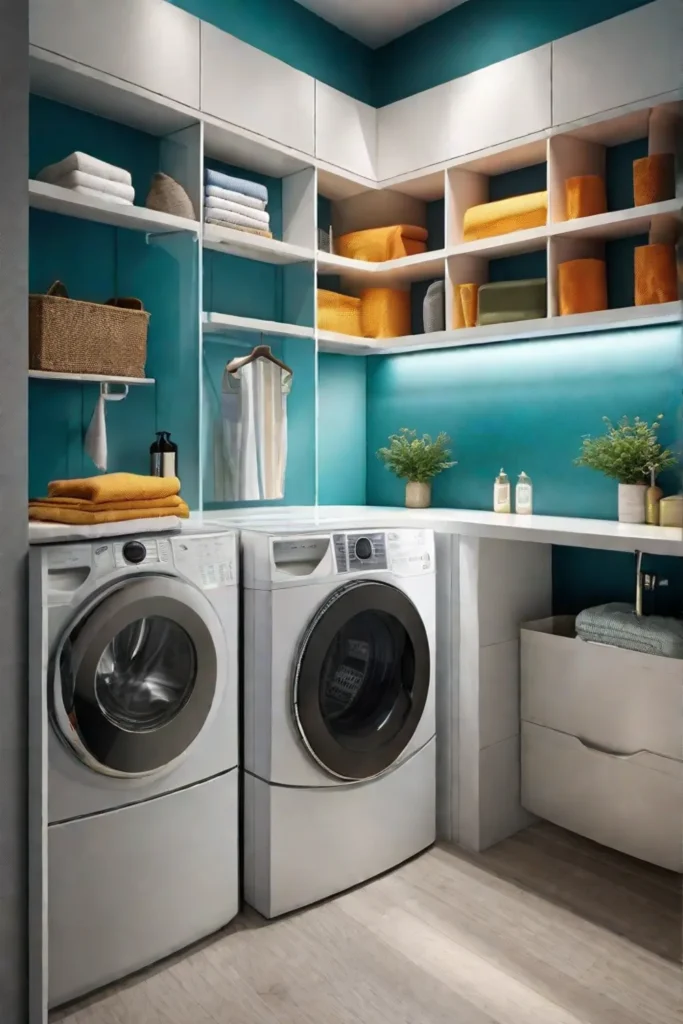 A compact laundry room brightly illuminated featuring a variety of wallmounted shelves_resized