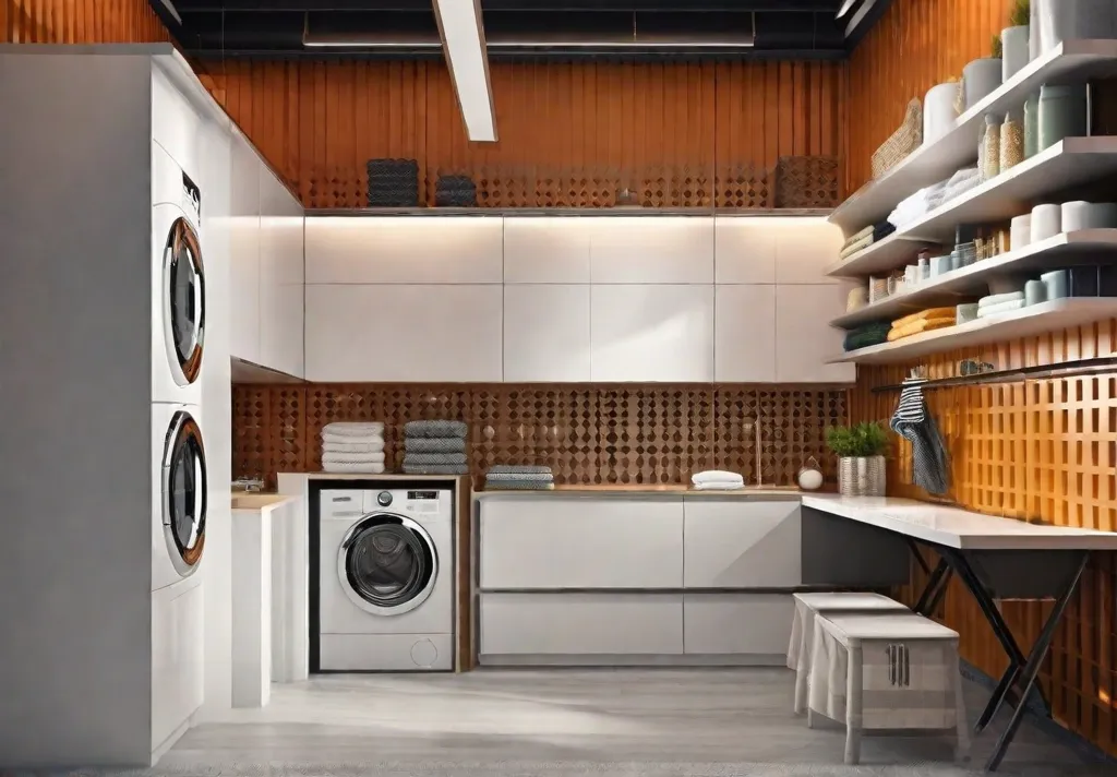 A compact laundry room brightly illuminated featuring a variety of wallmounted shelvesfeat