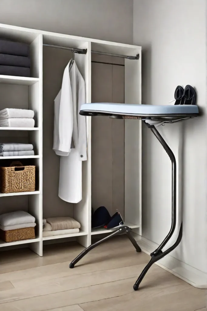 A compact wallmounted ironing board in the unfolded position with a modern_resized