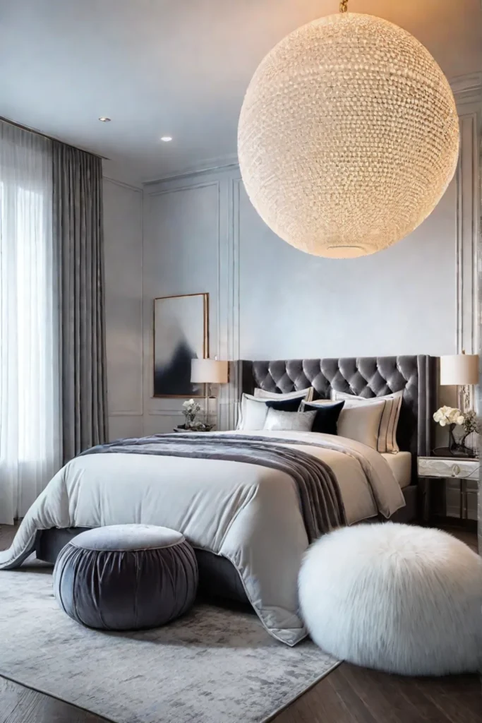 A cosmicthemed bedroom that emphasizes texture with a plush fauxfur throw a