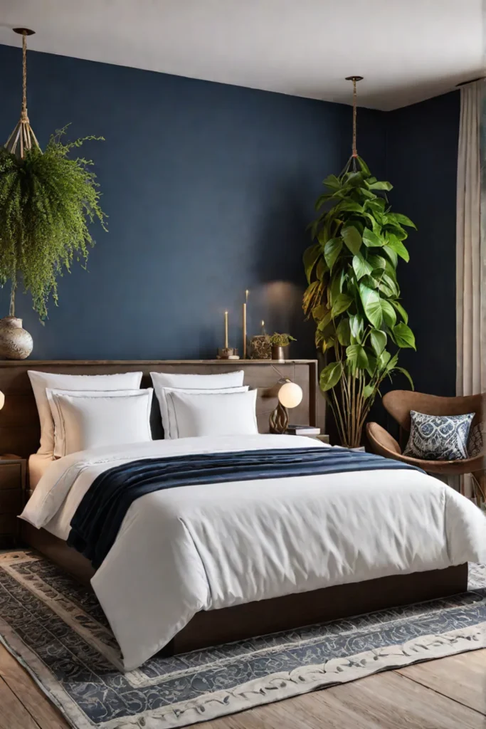 A cosmicthemed bedroom that seamlessly incorporates natural elements including a driftwood headboard