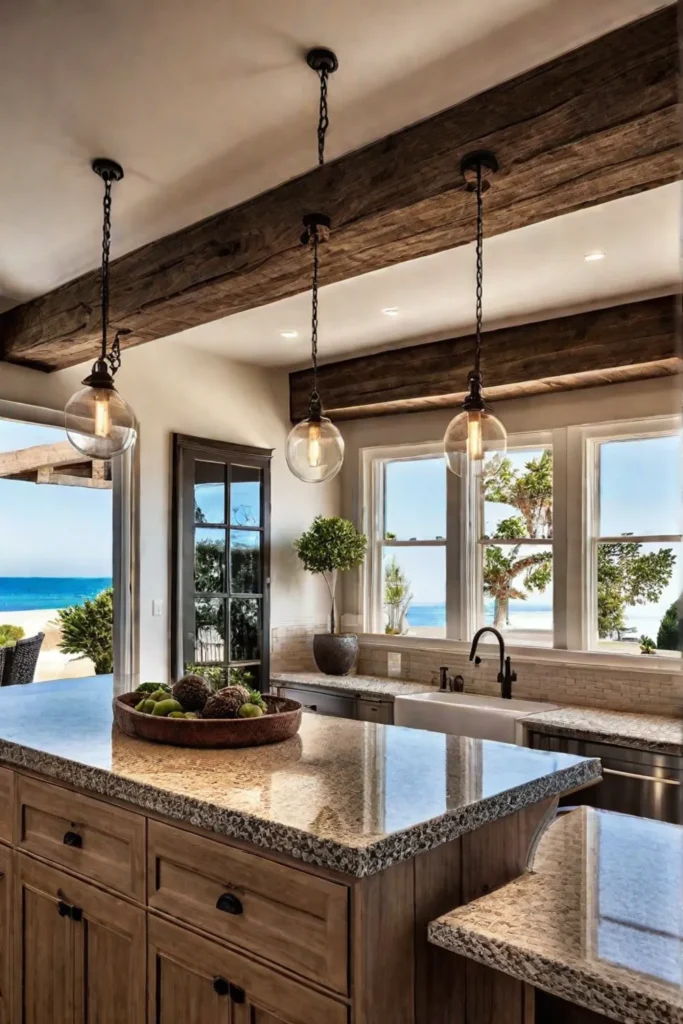 A cozy and inviting coastal kitchen with warm sandy beige walls and