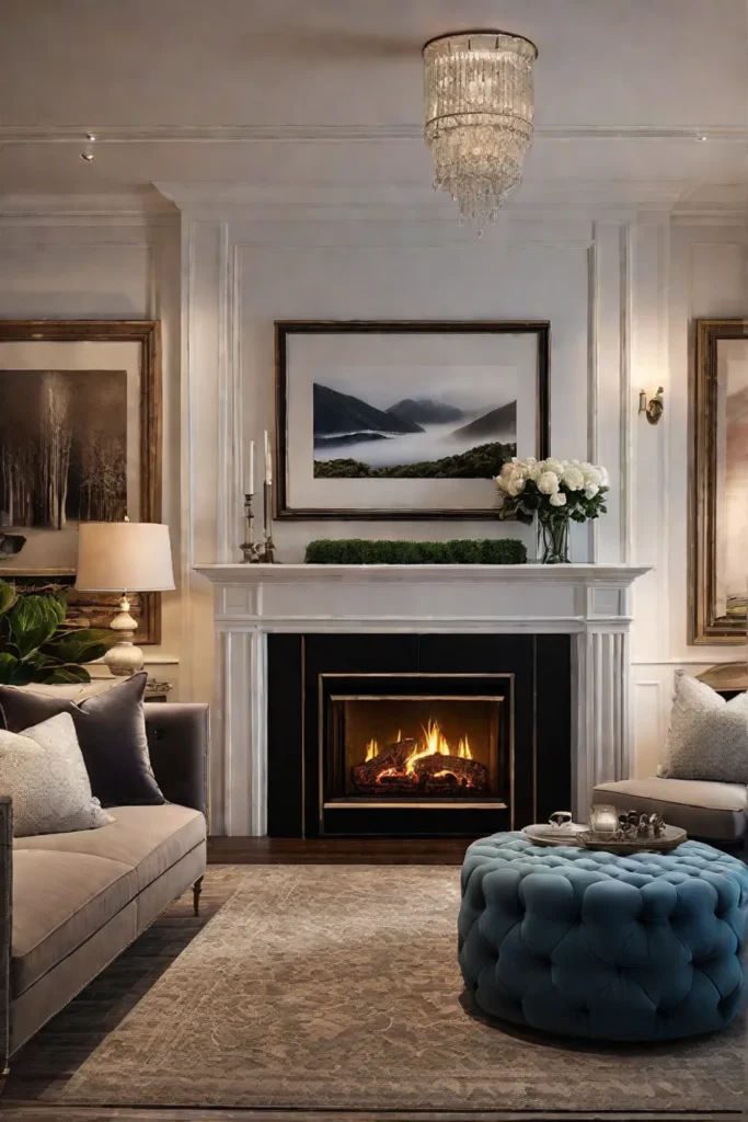A cozy and inviting living room with a warm fireplace plush textiles