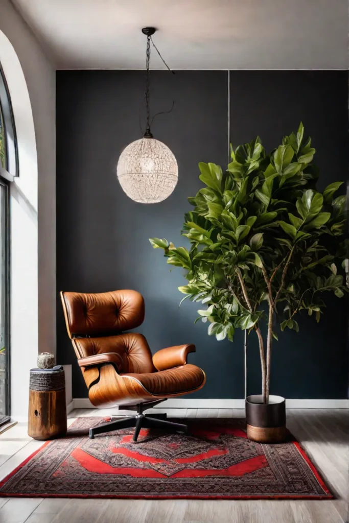 A cozy and inviting living space with a vintage leather armchair a