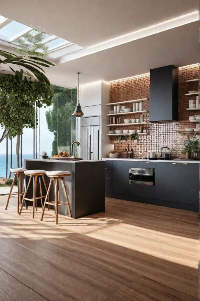 A cozy coastal kitchen with a backsplash made of terracotta tiles adding