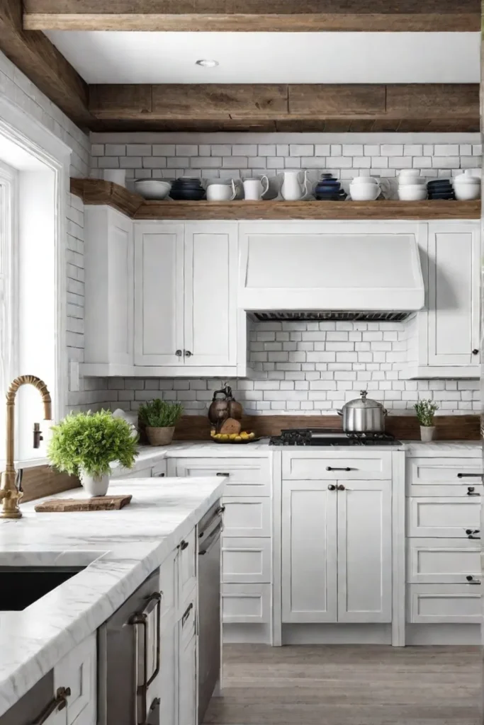 A cozy coastal kitchen with a distressed wood island white cabinets and