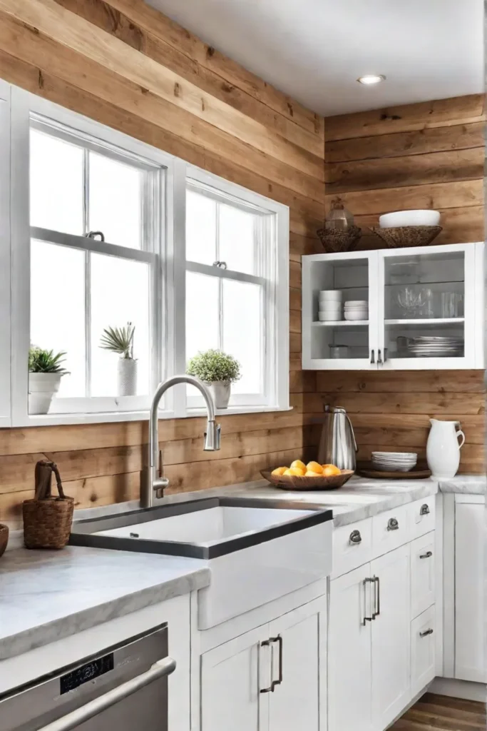 A cozy coastal kitchen with a shiplap accent wall open shelving and