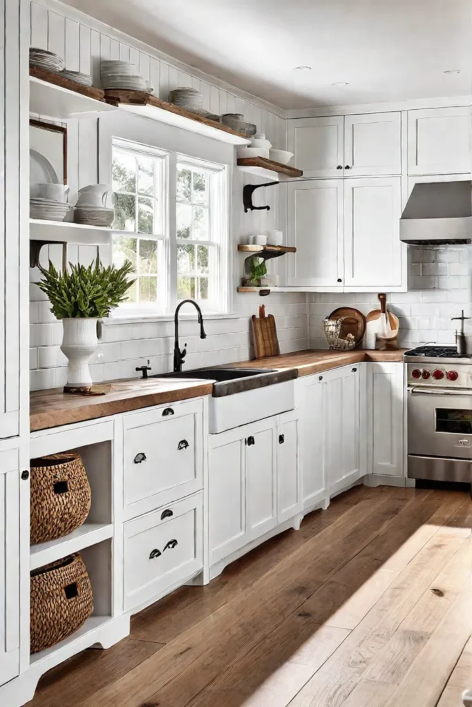 A cozy coastal kitchen with shiplap walls white cabinets and natural wood