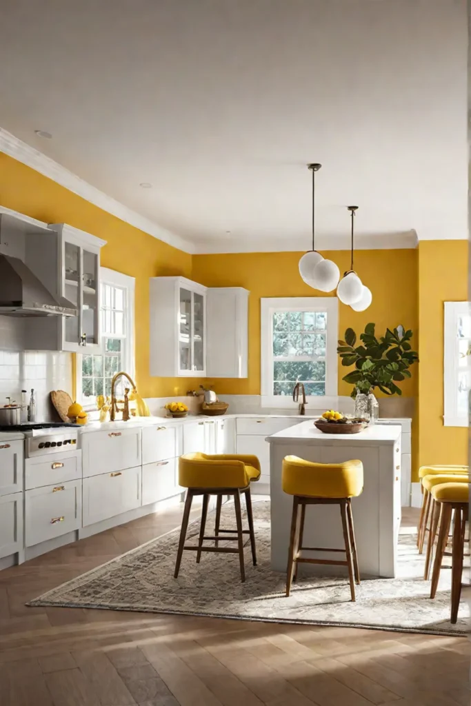 A cozy coastal kitchen with warm sandy beige walls and sunbleached yellow