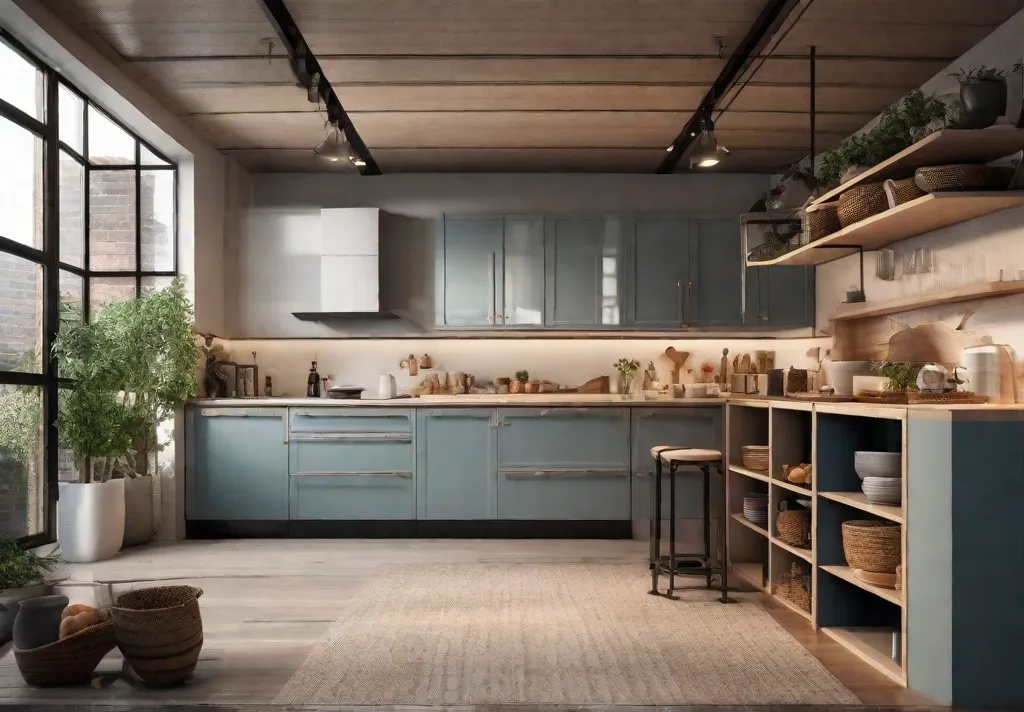 A cozy corner of a small kitchen featuring wallmounted racks holding anfeat