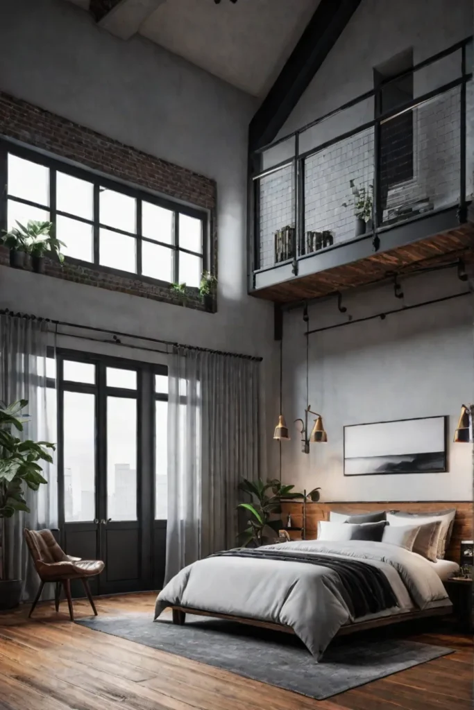 A cozy industrial bedroom with a focus on creating a sense of