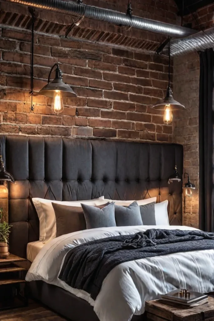 A cozy industrial bedroom with a touch of rustic charm featuring a