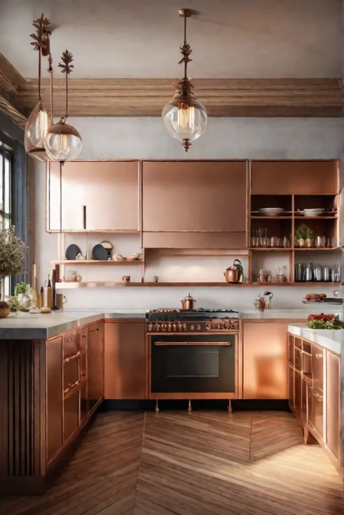 A cozy kitchen corner featuring a stylish hanging pot rack filled with