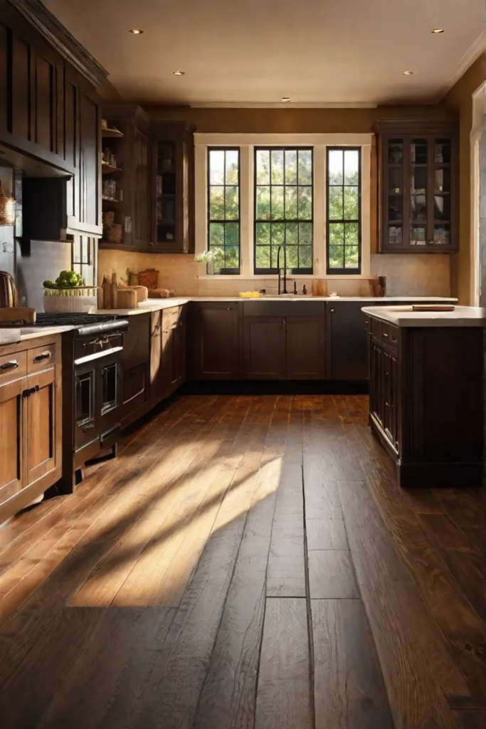 A cozy kitchen corner featuring wideplank darkstained hardwood flooring illuminated by the