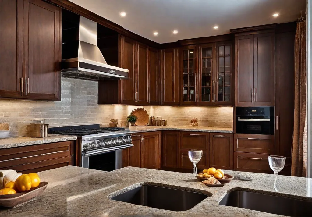 A cozy kitchen scene with rich walnut cabinetry and a polished granitefeat