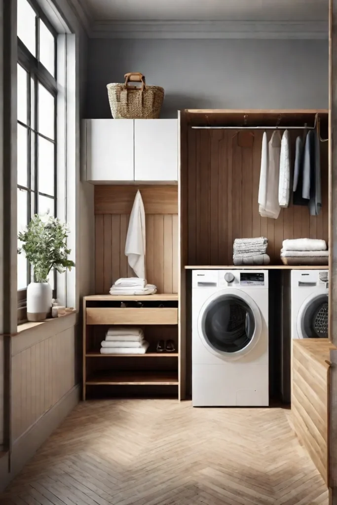 A cozy laundry space with a wooden dropdown countertop mounted against the_resized