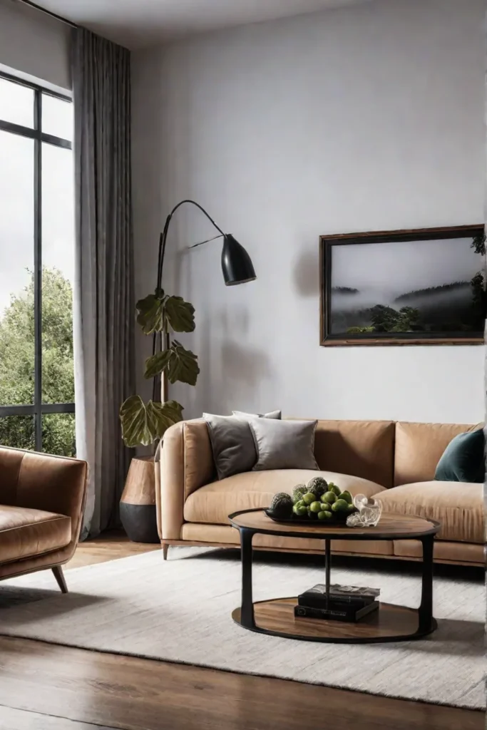 A cozy living room with a fireplace a deep sectional sofa and