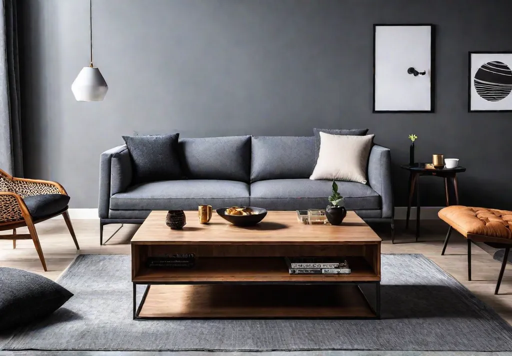 A cozy living room with a multifunctional coffee table that doubles asfeat