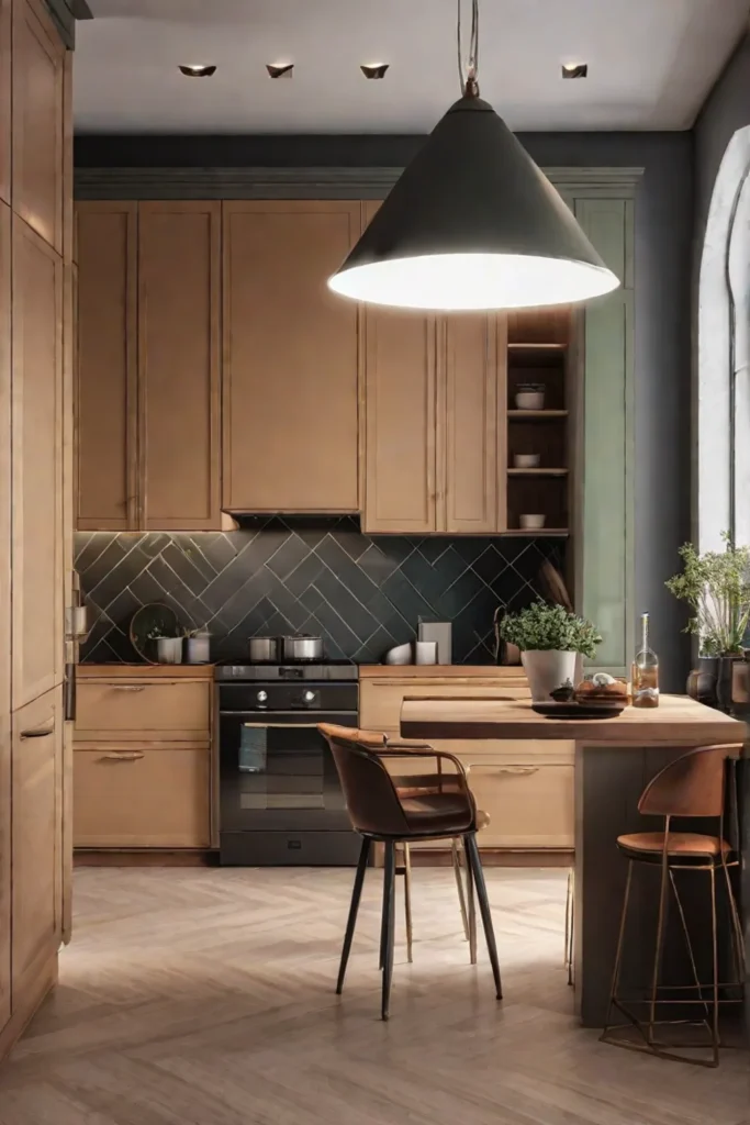 A cozy modern kitchen with soft golden lighting featuring olive green cabinets